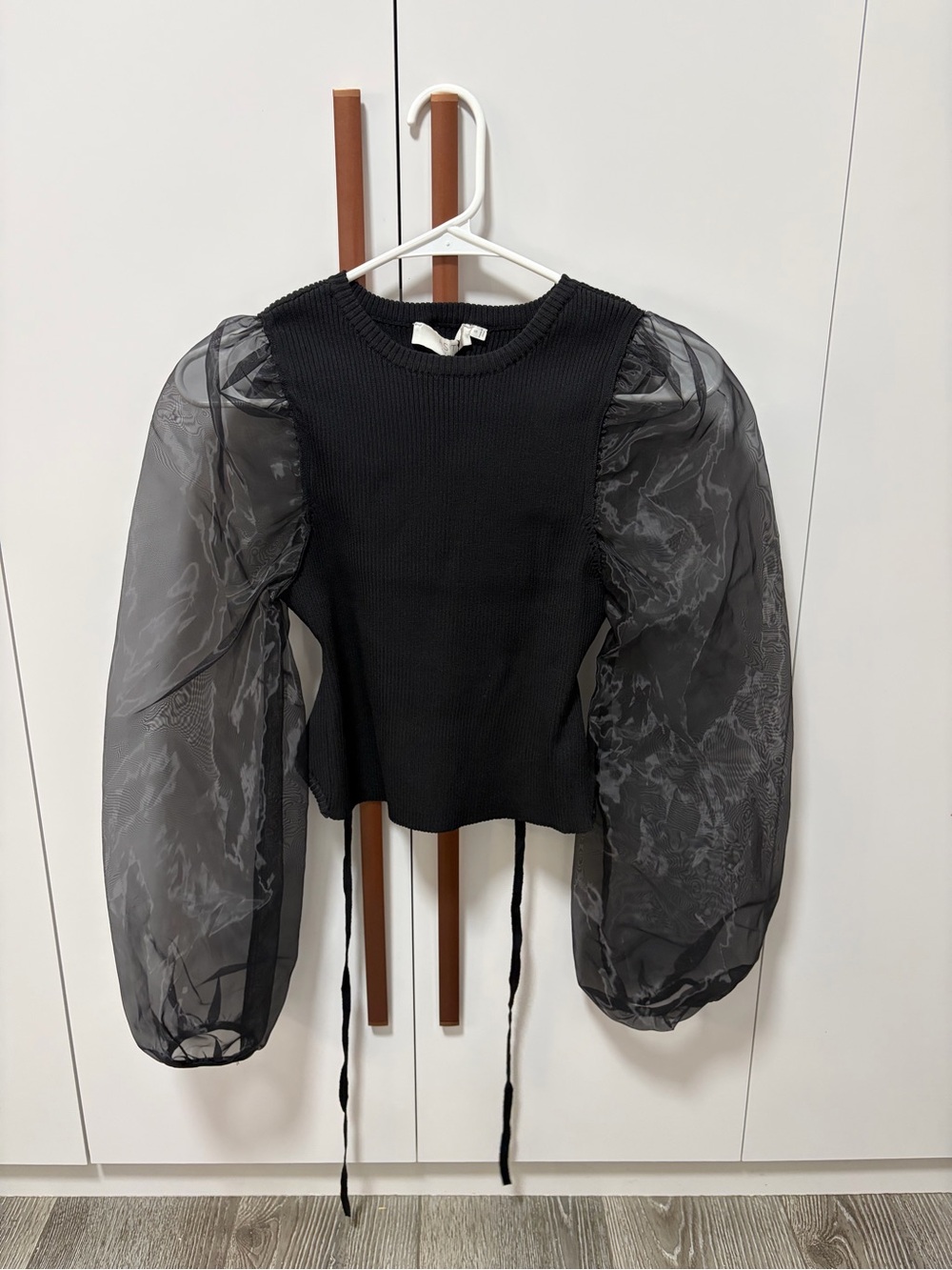 Astr Black Puff-Sleeve Sheer Organza Knit Top